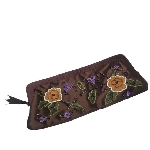 Handbags - Embroidered Beaded Applique Clutch Bag. Brown. Green. Purple.